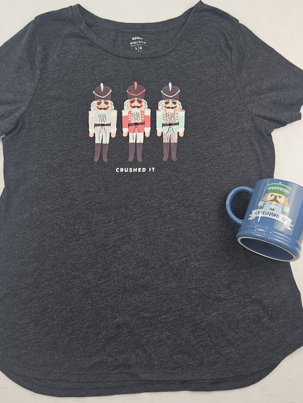 Old Navy "Crushed It" Nutcrackers Holiday Tee Sz L w/ Crushing It Coffee Mug Set